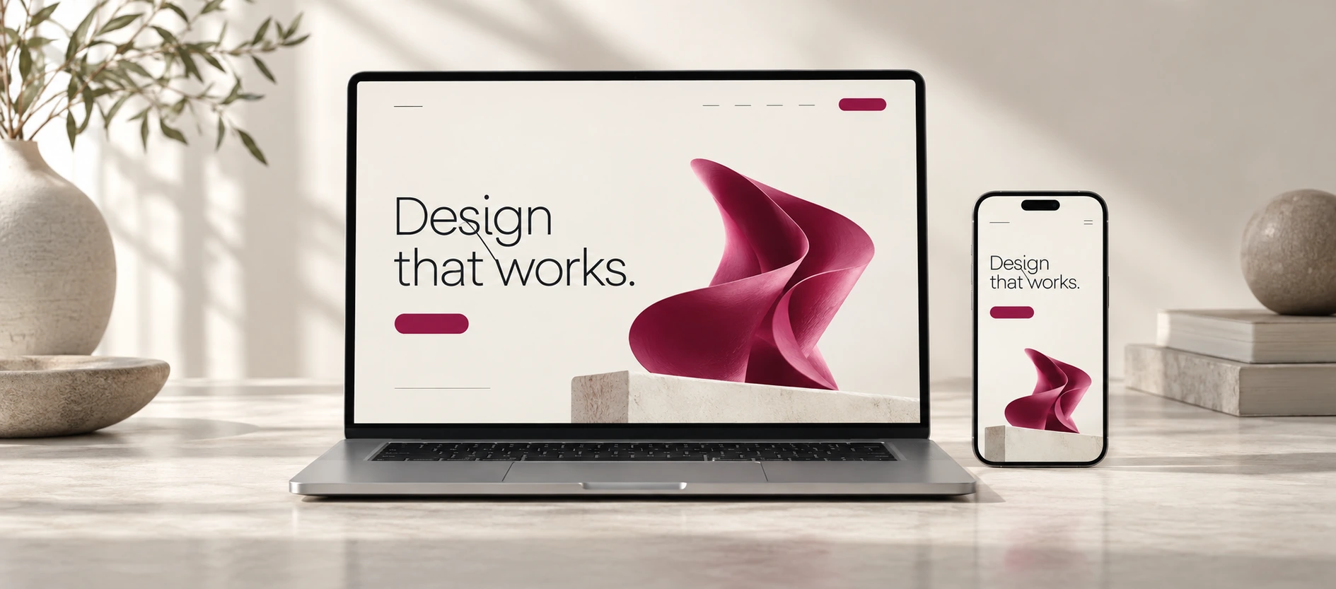 Modernes Webdesign auf Laptop und Smartphone mit Magentaakzenten